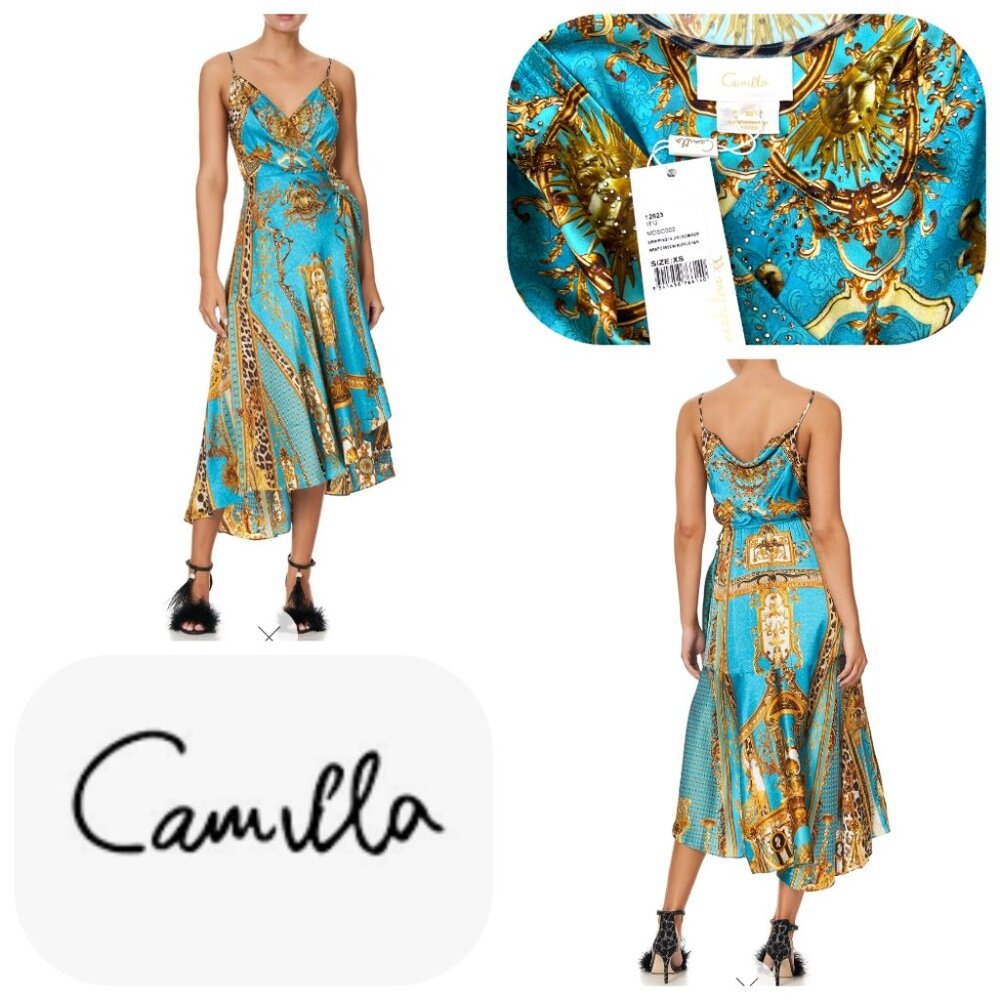 NWT Camilla Crystal embellished Dipping In Decadence Wrap Dress With Ruffle Hem